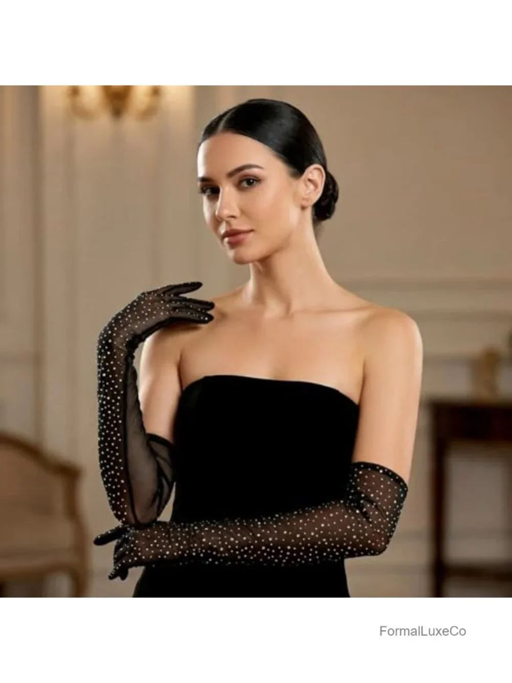 Rhinestone Long Gloves, Shiny Chiffon Elbow Gloves for Weddings, Dances, Parties